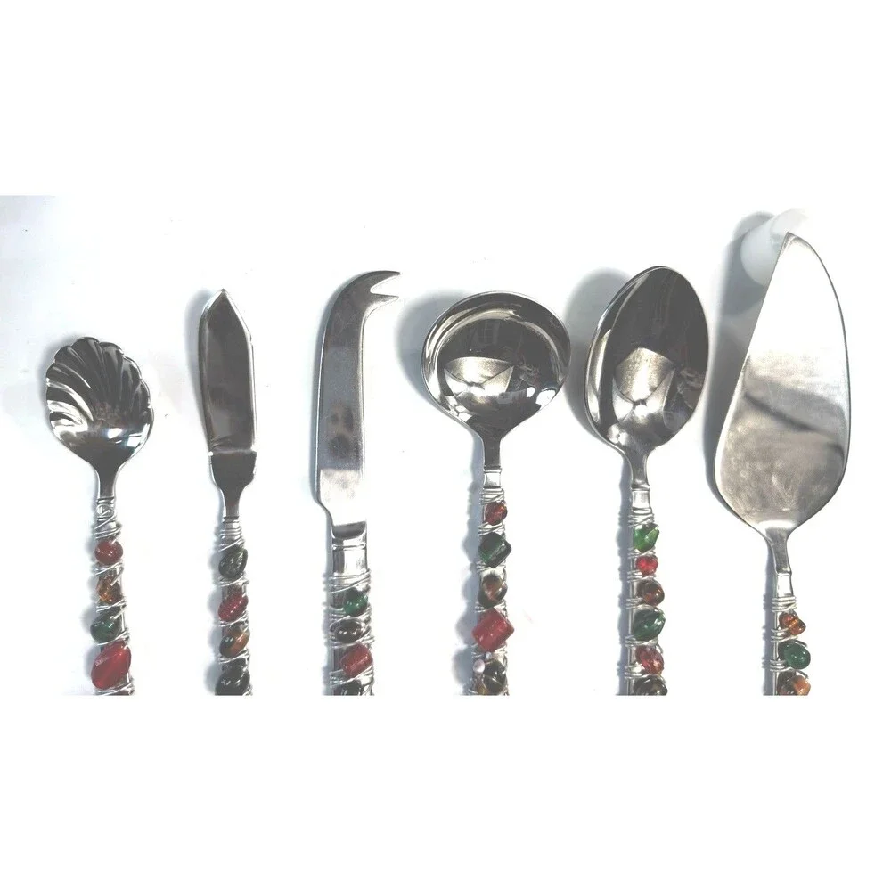 Heritage Mint 6 Pc Beaded Serving Set Jewel Tone Red Green Amber Wire Wrapped